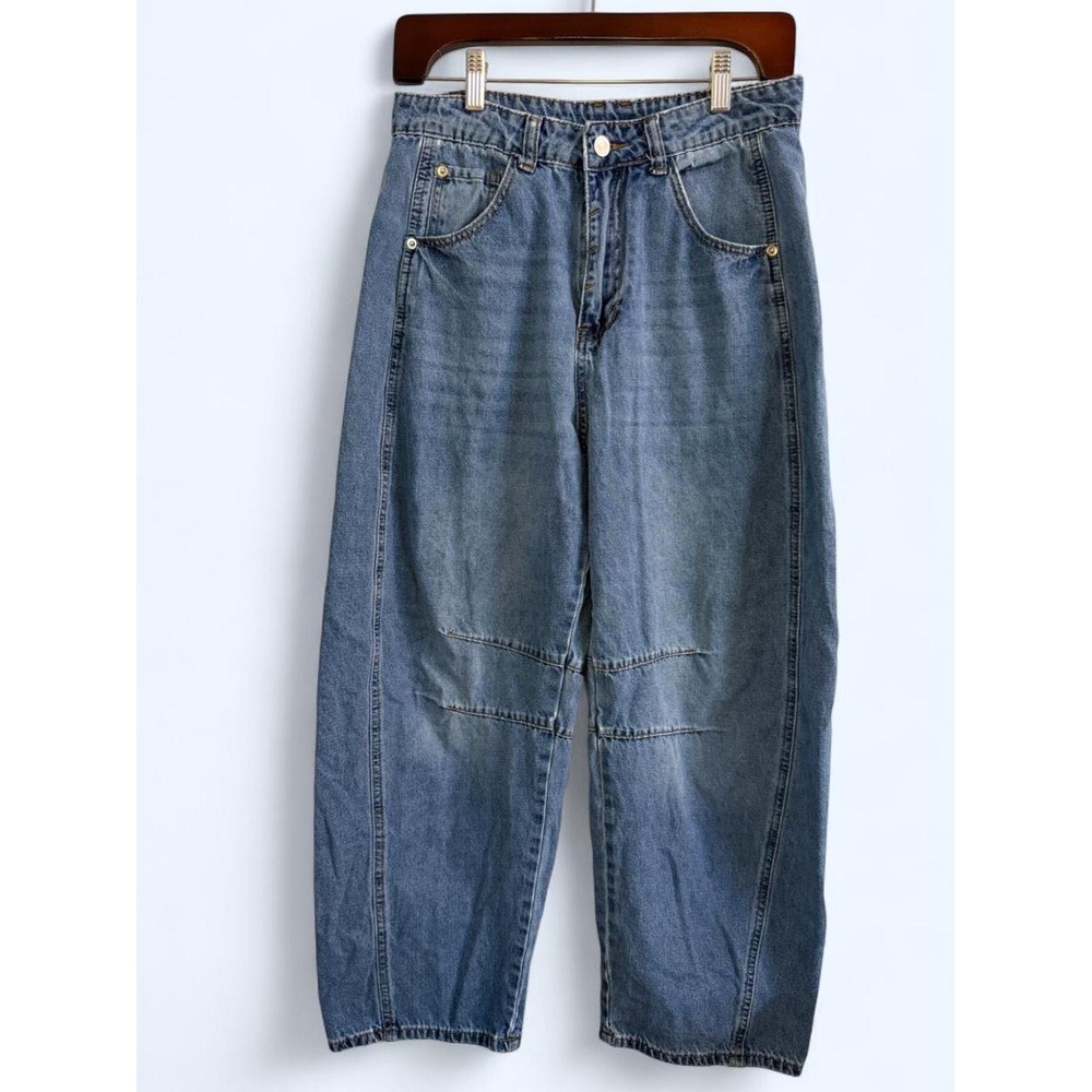 Y2K Horseshoe Baggy Cropped Barrel Jeans High Rise Knee Dart Wide Leg
